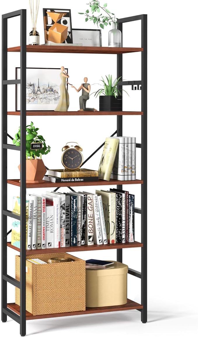 Yoobure 5 Tier Bookshelf - Tall Book Shelf Modern Bookcase for CDs/Movies/Books, Rustic Book Case Industrial Bookshelves Book Storage Organizer for Bedroom Home Office Living Room Brown