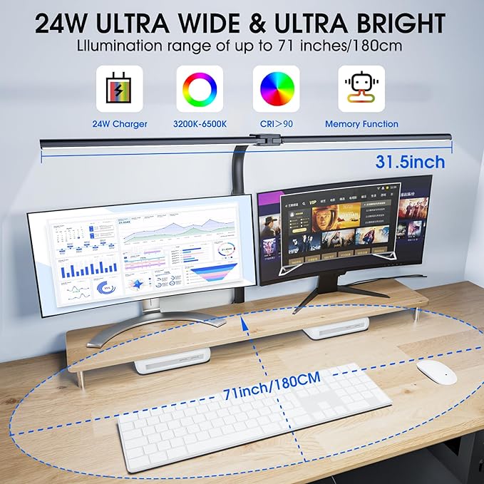 LED Desk Lamp, 24W Double Head Desk Lamp with Clamp, Modern Eye Caring Architect lamp with 5 Color Modes and 5 Dimmable, for Workbench, Monitor, Reading, Home Office