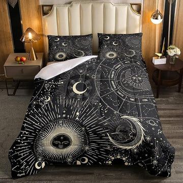 Erosebridal Bohemian Sun Moon Comforter Set Queen Size, Constellation Down Comforter, Starry Sky Quilted Duvet, Exotic Style Black Room Decor Duvet Insert,Super Soft Breathable