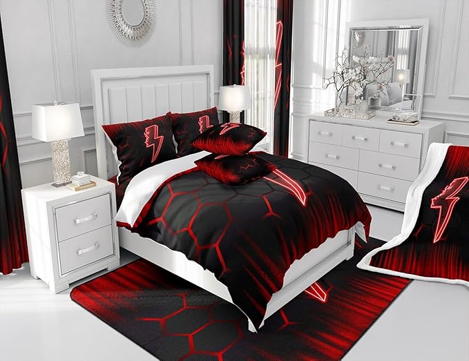 Feelyou Game Flash Bedding Set Twin Size Boys Girls Ombre Comforter Set for Kids Honeycomb Comforter Red Black Duvet Set Room Decor Quilt Set