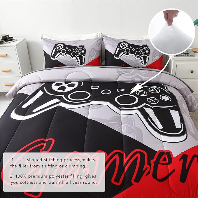 KAKKI 5 Piece Boys Queen Gamer Comforter Set with Sheets, 3D Colorful Video Game Controller Comforter for Kids Teen, All Season Soft Microfiber Gaming Bedding Set(Red,Queen)