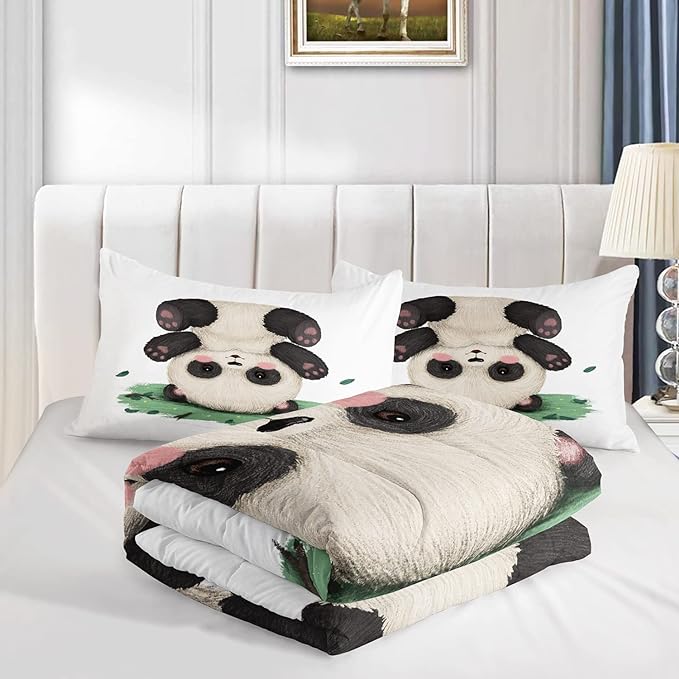 CVHOUSE Panda Bedding Set,Panda Comforter Queen,Cute Panda Comforter Set for Girls Kids Teens,Kawaii Panda Quilt Set with 1 Comforter and 2 Pillow Cases- 3 Piece