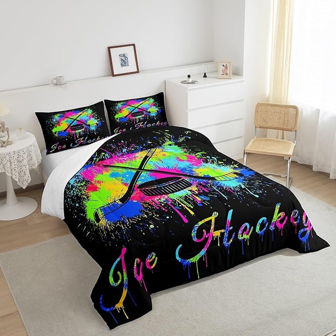 Feelyou Kids Ice Hockey Comforter Set Queen Size Gaming Sports Bedding Set for Boys Girls Teens Bedroom Decor Ice Sports Games Tie Dye Comforter Hockey Player Duvet Set with 2 Pillow Case