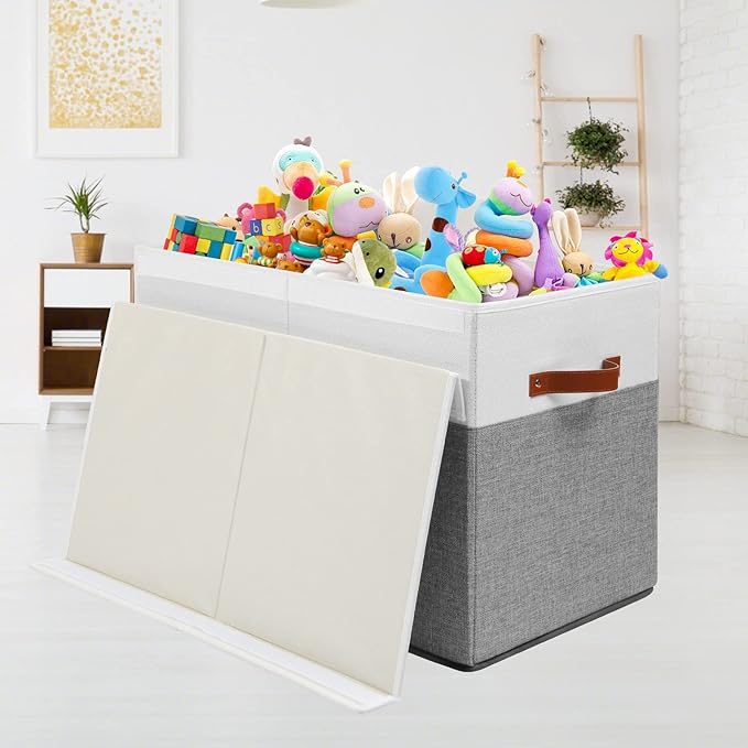 Large Toy Storage Box with Lid, Sturdy Toys Storage Chest Bin Organizer Basket with Dividers for Kids, Boys, Girls, Nursery, Closet, Bedroom, Playroom 25"x13" x16" (Grey and White)