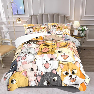 Dogs Bedding Set Queen Size 3Pcs - Cute Cartoon Dog Animal Print Comforter Set for Kids Boys Lightweight Soft Puppy Comforter with 2 Pillowcases All-Season Boys Teens Bedroom Dorm Bedding Decor