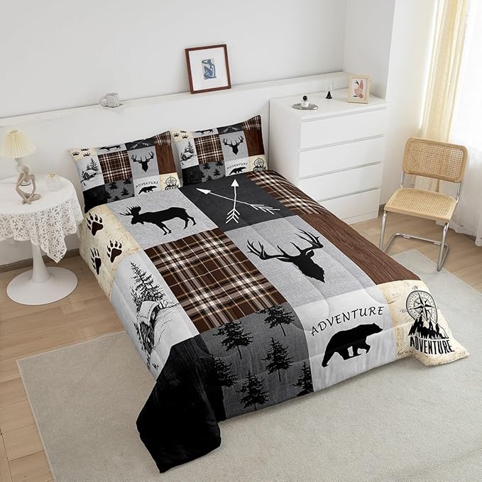 Deer Antler Comforter Set Full Size,Bear Paw Pine Trees Rustic Farmhouse Bedding Set for Boys Girls Adults Room Decor,Geometric Plaids Arrows Down Comforter,Brown Retro Duvet Insert,2 Pillowcases