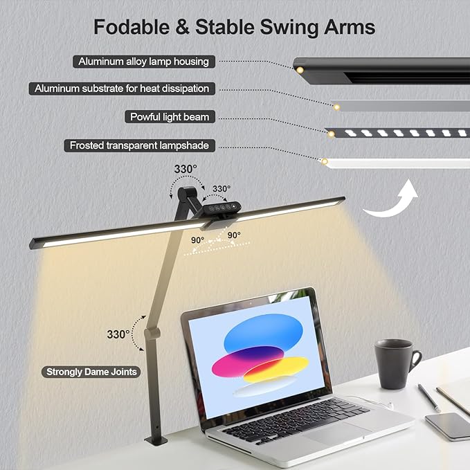 Led Desk Lamp for Office Home - Eye Caring Architect Table Light with Clamp, Dual Screen Computer Smart Light 5 Color 24W Lighting Table Lamp