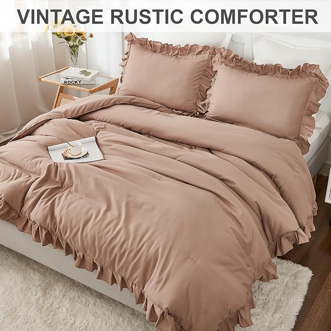 Andency California King Comforter Set Taupe (104x96Inch), 3 Pieces Cal King Ruffle Comforter, Oversized Farmhouse Shabby Chic Bed Comforter, Lighteweight and Soft Microfiber Bedding Set