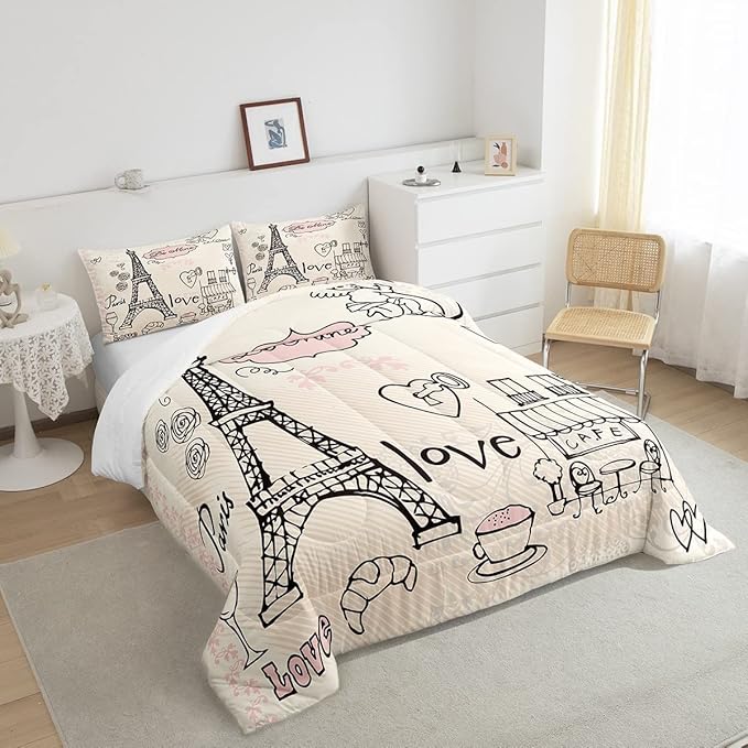 Feelyou Eiffel Tower Comforter Set King Paris Tower Comforter for Girls Romantic Rose Chic Paris Theme Bedding Set Paris Cityscape Printed Heart Love Duvet Set Room Decor Quilt Set Full
