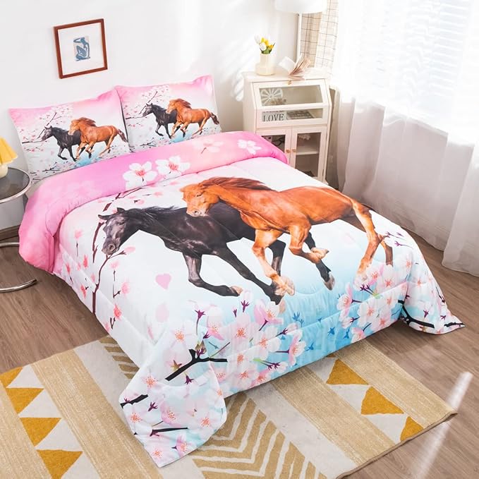 Feelyou Kids Horse Bedding Set for Girls Queen Size Chic Cherry Blossom Comforter Set for Horse Lover Gift Galloping Horse Printed Comforter 3D Wild Animal Duvet Set Bedroom Decor Quilt Set 3Pcs