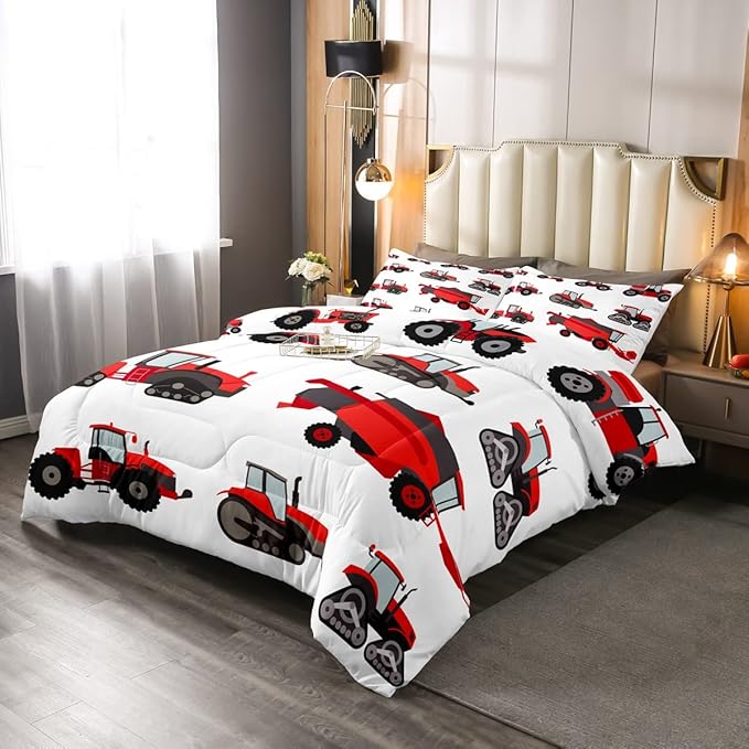 Red Tractor Comforter Set Full Size Heavy Equipment Truck Bedding Set For Kids Boys Girls Teens Harvester Tractor Down Comforter Farm Equipment Quilt Set Bedroom Collection 3Pcs Car Room Decor
