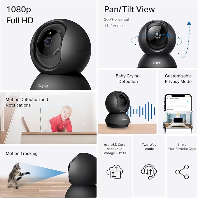 Tapo by TP-Link Pan/Tilt Security Camera for Baby Monitor, Pet Camera w/Motion Detection, 1080P, 2-Way Audio, Night Vision, Cloud & SD Card Storage, Works with Alexa & Google Home, Black (Tapo C201)