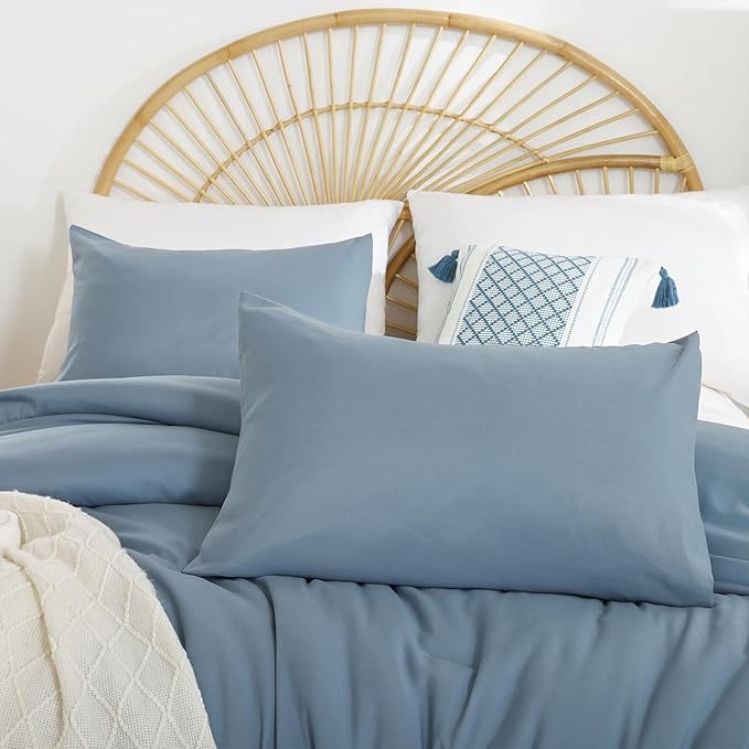 Dusty Blue Comforter Set Twin Boho Grayish Blue Twin Comforter with 1 Pillowcases - Soft Lightweight Cozy Bedding Set for All Season - Beige Comforter Twin Size for Women Teens Kids