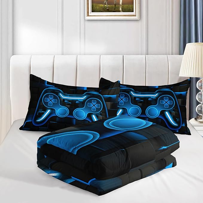 Axolotl Gamepad Comforter Set Full Size,Blue Grid Print Bedding Set,Boys Gaming Console Comforter Set,Modern Gaming controller Geometry Bedding Set for Adult Teens Men,1 Quilt 2 Pillowcases,Blue Black