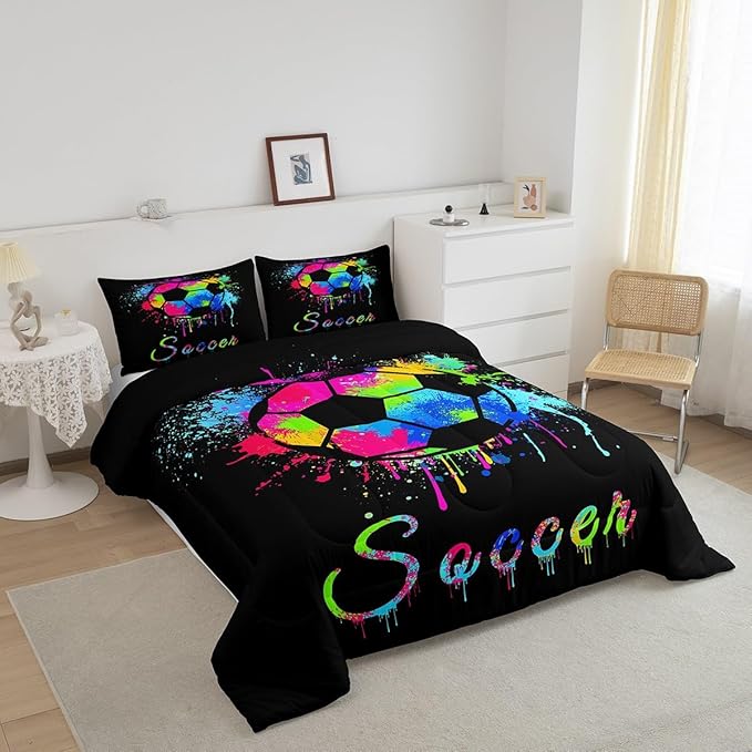 Feelyou Kids Soccer Ball Game Comforter Set King Size Football Bedding Set for Boys Girls Teens Bedroom Decor Rugby Sports Comforter American Football Player Duvet Set with 2 Pillow Case