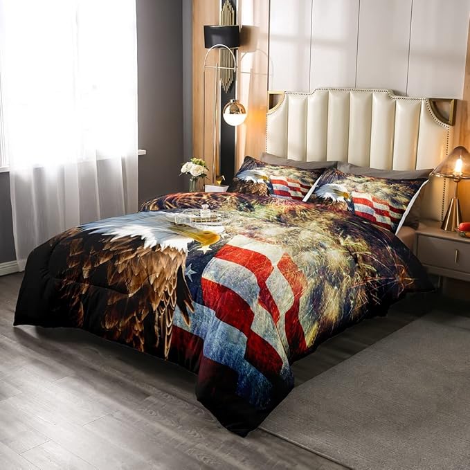 Erosebridal American Flag Comforter Eagle Room Decorative Comforter Set King Size Firework Bedding Set Wildlife Animal Bird Down Comforter Soft Lightweight Quilt Set with 2 Pillowcases