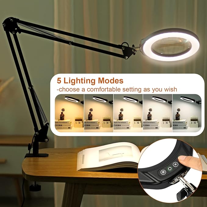 VEEMAGNI 5 Inch Large Magnifying Glass with Light and Stand, 5 Color Modes Stepless Dimmable, 2*16 Inch Swivel Arm LED Clamp Desk Lamp, Hands Free 10X Lighted Magnifier for Close Work Crafts Soldering