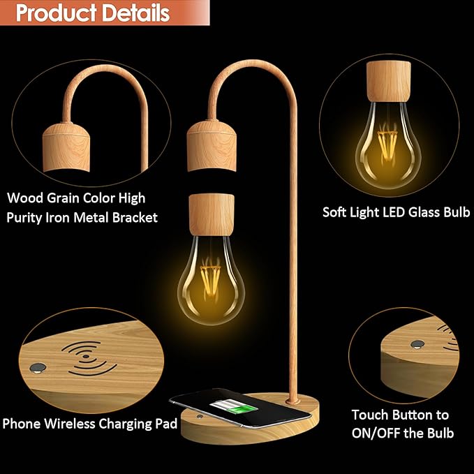 Magnetic Levitating Lamp with Wireless Phone Charging Pad Floating Light Bulb LED Night Light Wood Grain Table Lamp Levitation Desk Lamp for Office Home Decoration Christmas Gift