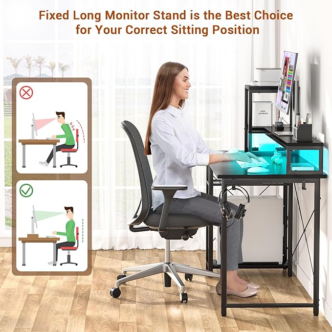 armocity 2024 Upgrade Gaming Desk with LED Lights, Small Computer Desk with Long Monitor Stand, 40'' Reversible Laptop Table with Storage Shelves, Small Desk for Small Spaces, Gaming Room, Black