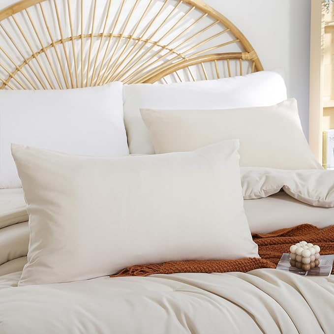 Beige Comforter Queen Size 3PCS Bed Comforter with 2 Pillowcases - Ligtweight Soft Solid All Season Queen Comforter Bed Set - Boho Aesthetic Bedding Set for Men and Women