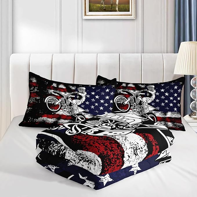 Axolotl Dirt Bike Comforter Set Full,American Flag Bedding Set,Motocross Comforter Set,White Red Stripes Stars Comforter Set,Motorcycle Racer Comforter for Boys Kids Teens Men,1 Quilt 2 Pillowcases