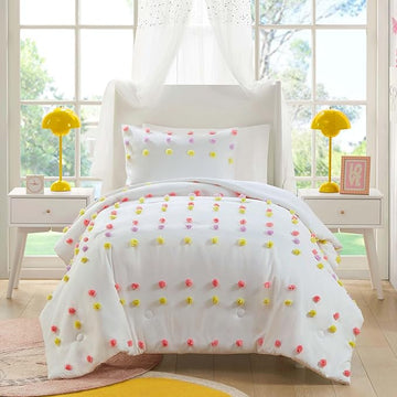 Mi Zone Kids Queen Duvet Cover Set, Fun and Adorable Multi-Color Clipped Jacquard Pompom Bedding, All Seasons Soft Microfiber Cozy & Breathable Duvet Cover, Sham, Cora, Full/Queen Pink Multi 3 Piece