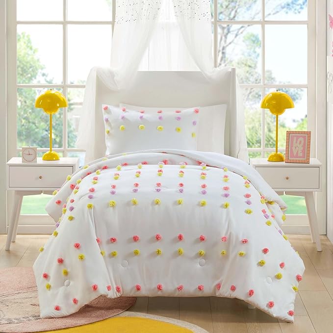 Mi Zone Kids Queen Duvet Cover Set, Fun and Adorable Multi-Color Clipped Jacquard Pompom Bedding, All Seasons Soft Microfiber Cozy & Breathable Duvet Cover, Sham, Cora, Full/Queen Pink Multi 3 Piece