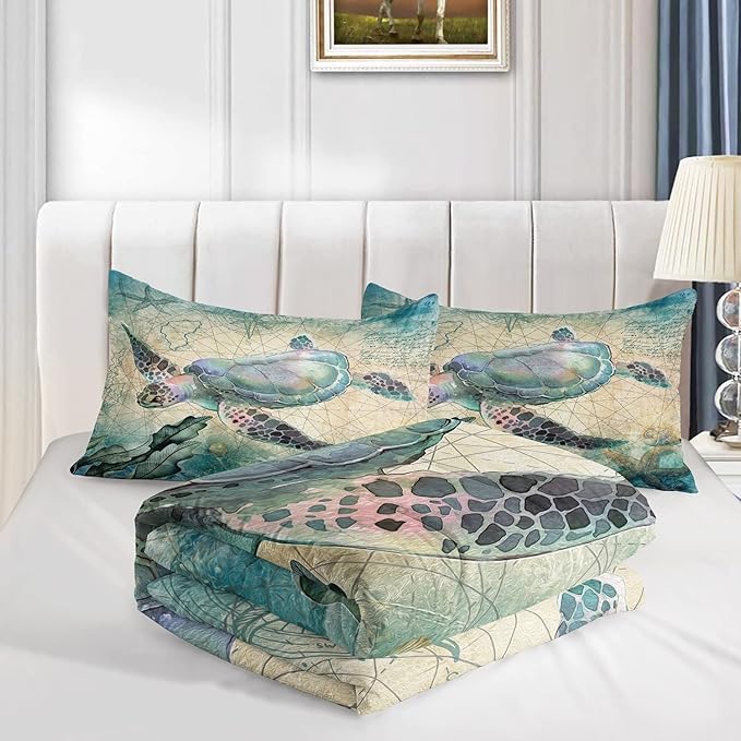 CVHOUSE Sea Turtle Comforter Set,Ocean Sea Turtle Bedding Set for Kids Teens,Ocean Sea Turtle Comforter Sea Turtle Duvet Set Room Decor Quilt Set Queen Size