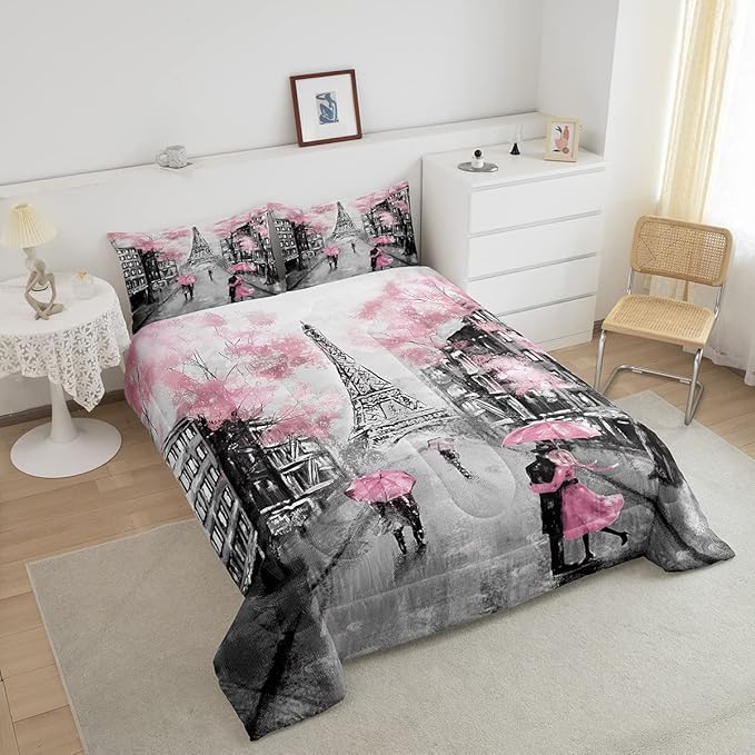 Paris Comforter Set French Eiffel Tower Bedding Sets Twin for Girls Kids Women Paris Themed Bedroom Decor Watercolor Cherry Blossoms Comforter Couple Retro Gray Building Quilted Duvet Pink Grey 2 Pcs