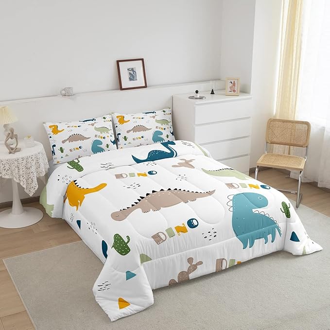 Feelyou Cute Dinosaur Comforter Set Cartoon Cactus Bedding Set Decor Jungle Dino Boho Succulent Comforter Wild Animal Pattern Yellow Grey Duvet Set Bedroom Quilt Set 3Pcs Full