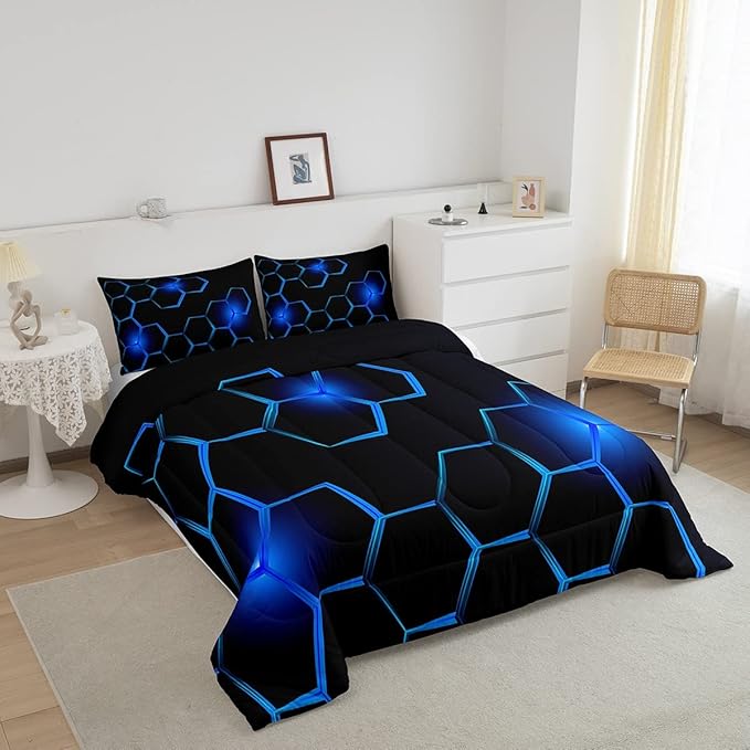 Honeycomb Kids Comforter Set Modern Geometry Hexagon Bedding Set for Boys Children Teens Bedroom Decor Geometrical Comforter Beehive Geometric Black Blue Duvet Set Twin Size with 1 Pillow Case