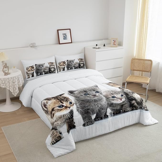 Feelyou Cat Comforter Kids Cute Cat Bedding Set Cartoon Pet Cats Comforter Set for Girls Boys Cute Kitten Room Decor Cat Lovers Kawaii Animal Quilt King Size with 2 Pillow Case Boys