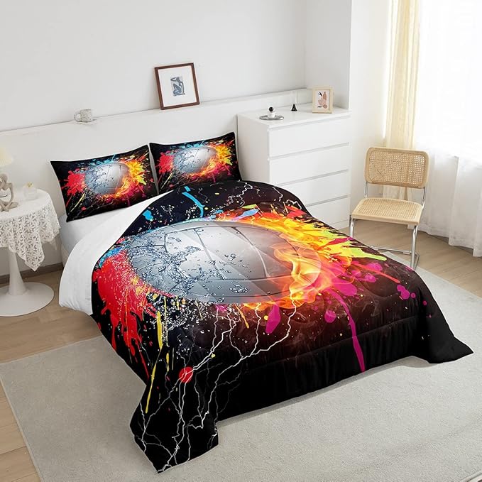 Erosebridal Kids Volleyball Comforter Set for Teen Girls Boys Volleyball Bedding Set Full Grunge Hippie Tie Dye Bedding Comforter Red Blue Fire Water Lightning Quilt Duvet Insert 2 Pillow Cases