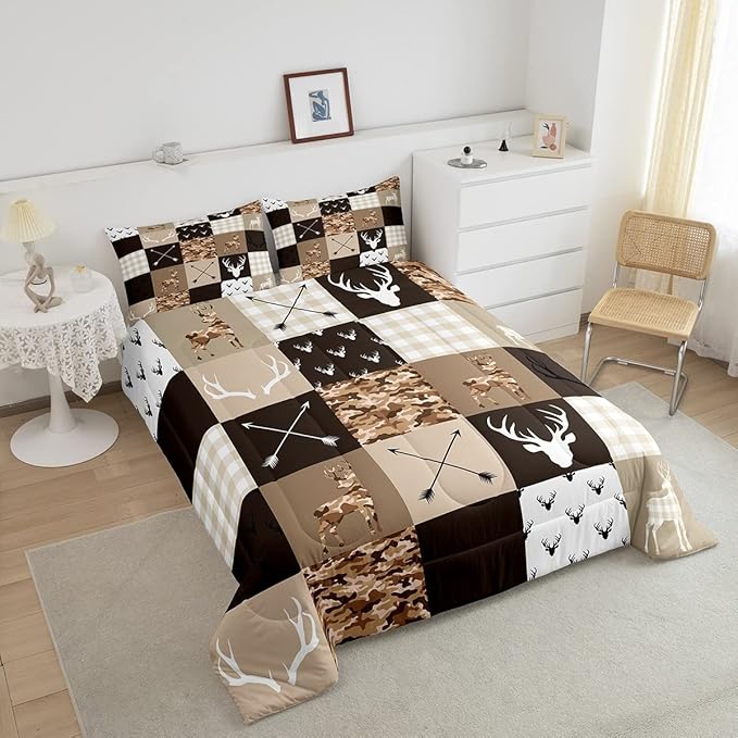 Camo Deer Antlers Kids Comforter Set Twin Size,Geometric Plaids Lattice Patchwork Comforter,Brown Rustic Farmhouse Duvet Insert,2pcs,1 Pillowcase