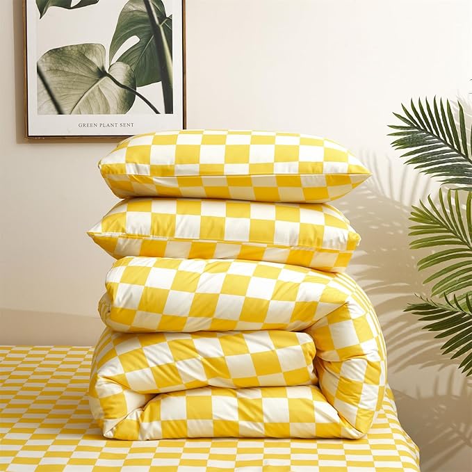 Yellow White Grid Comforter Set Full Yellow Plaid Bedding Set Girls Yellow and White Checkered Bed Comforter Set Breathable Blanket Set Kids Durable Bedding Comforter Set
