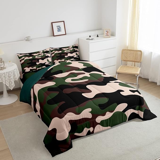 Twin Size Camouflage Comforter Set 3Pcs Kids Bedding Set for Boys Girls Teens 1 Comforter & 2 Pillowcases(Twin,Army Green) Boys