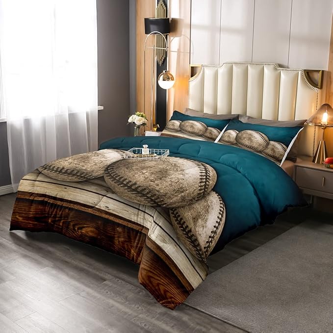 Erosebridal Teens Baseball Comforter Set Full,Kids Retro Grunge Baseball Bedding Set for Boys Bedroom,Sports Games Bedding Comforter Set Teal Vintage Wooden Board Quilt Duvet Sets 2 Pillow Cases