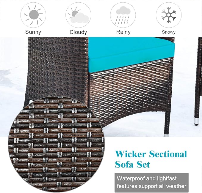Goplus 4-Piece Rattan Patio Set, Outdoor/Indoor Wicker Conversation Set for Pool, Backyard, Lawn, Wicker Chairs and Sofa with Soft Cushion, Rattan Furniture with Tempered Glass Coffee Table