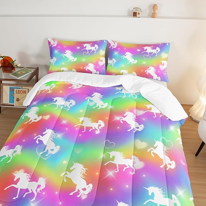 HOSIMA Unicorn Bedding 3pcs Rainbow Comforter Set with 2 Pillowcases,Sparkle Stars Twin Bed in a Bag Sets for Adults Teen Girls,Cute Rainbow Unicorn Twin Comforter Princess Toddler Bedding Set.