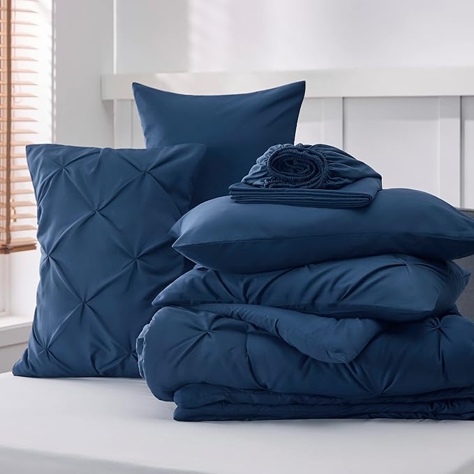 Bedsure California King Comforter Set - Cal King Bed Set 7 Pieces, Pinch Pleat Navy Blue Cali King Bedding Set with Comforter, Sheets, Pillowcases & Shams