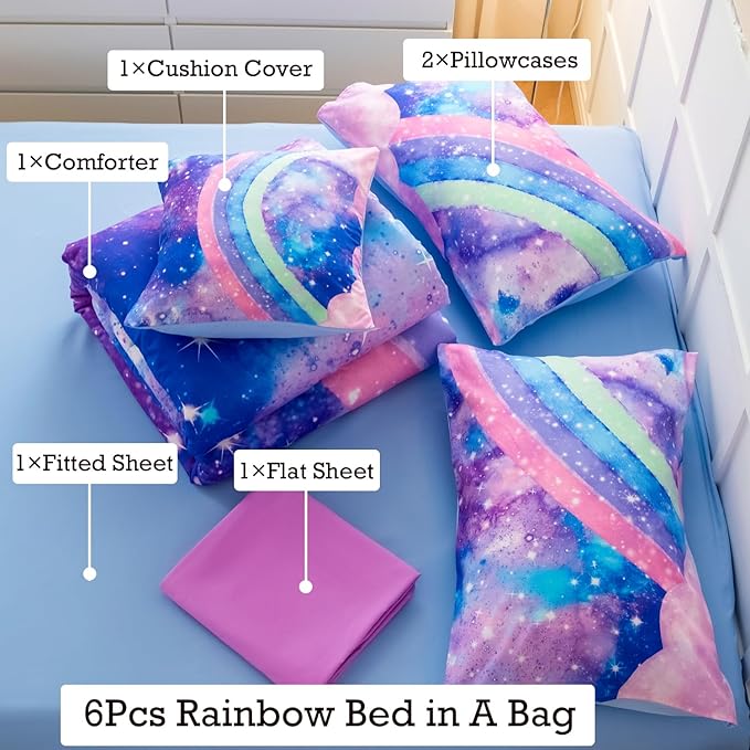 Rainbow Nebula Teen Bedding Comforter Set for Girls, Gradient Glitter Bedding Set Full Size, 3D Tie Dye Blue Comforter Bedding Sets, 6Pcs Bed in A Bag for All Season