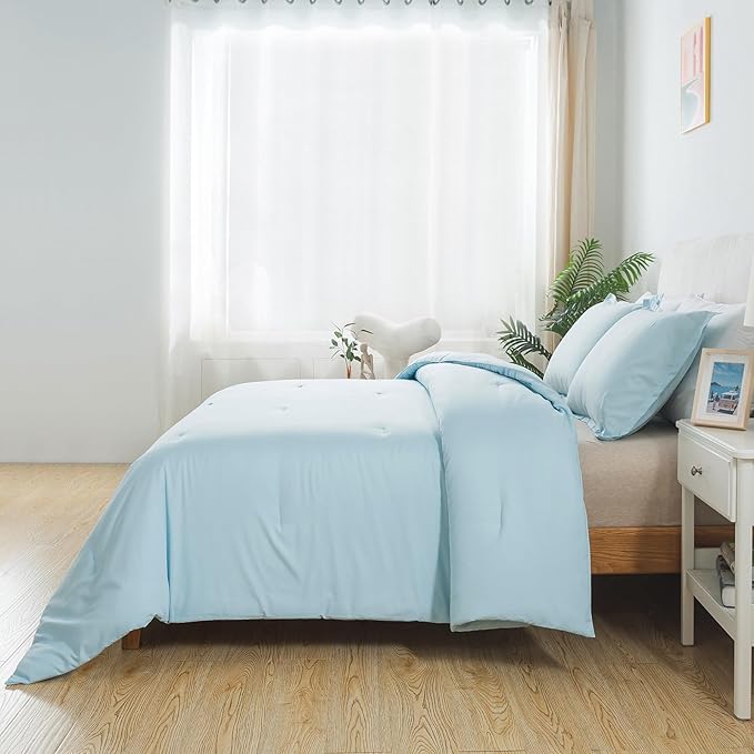 Baby Blue Comforter Set Twin Size, Solid Lightweight Down Alternative Soft Boho Bedding Comforter Set, Breathable Fluffy Microfiber Skin-friendly Comforter (68"x90") for All Seasons
