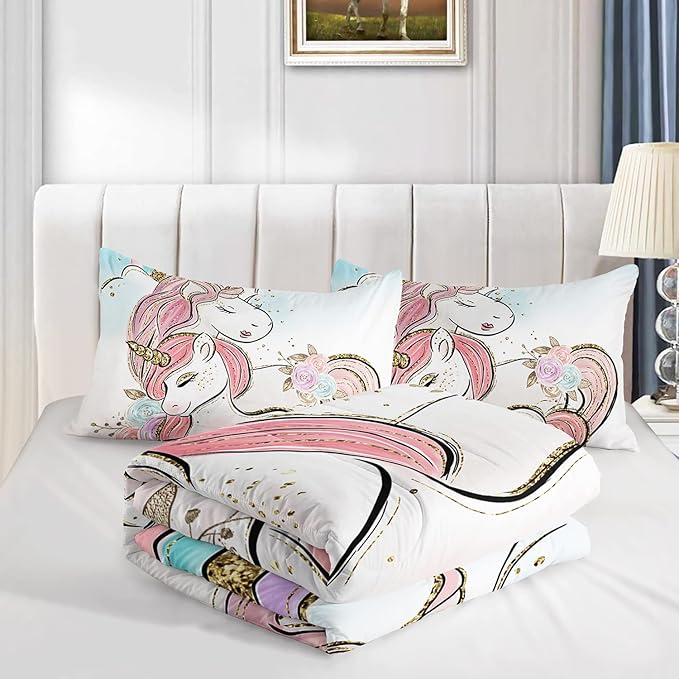 CVHOUSE Unicorn Bedding Twin Size,Unicorn Bedding Set for Girls Kids,Cute Unicorn Comforter Set Chrismas Duvet Set Unicorn Quilt Set Girls Room Decor 3 Pieces