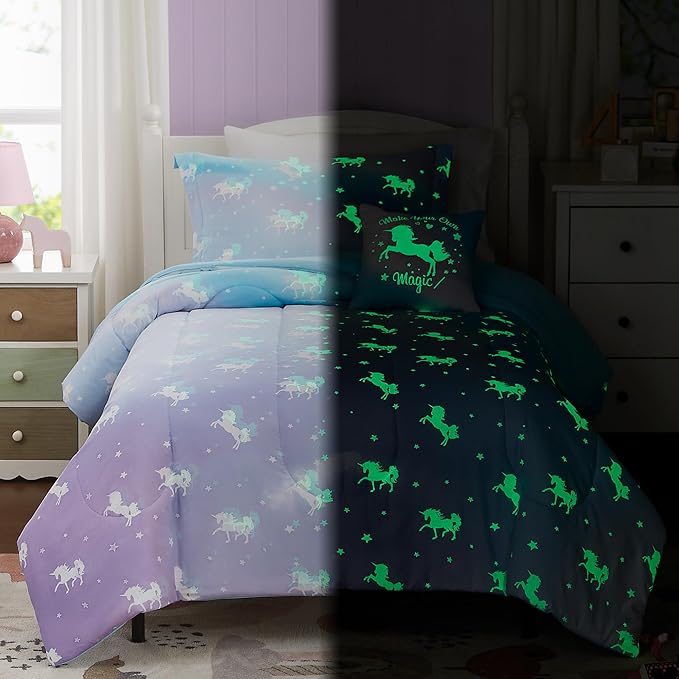 KALEIDOSPACE Kids Twin Comforter Sets for Girls, Glow in The Dark Unicorn Bedding Sets -3 Pieces Lightweight Bed in A Bag