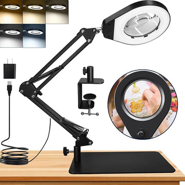 Magnifying Glass with Light and Stand & Desk Clamp, 4.2'' 5X Magnifier Lamp, 5-Color Dimmable LED, Swing Arm Magnifying Desk Lamp for Close Work, Crafting, Workbench & Reading - Rectangle Base