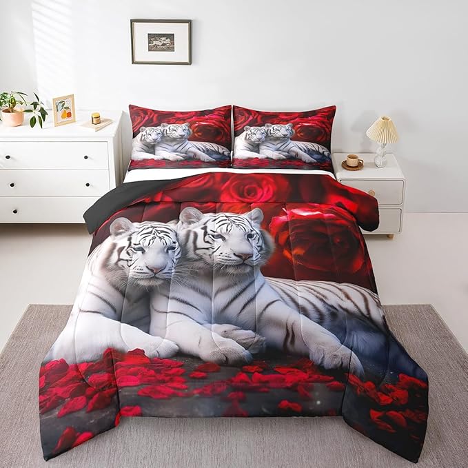 Tiger Comforter Set Queen, Red Rose Down Comforter Kids Girls Women,Red Image of Large Cat Playing with Water Cool Nature Animal Quilted Duvet Insert Gorgeous Floral Flower Bedding Comforters,Brown