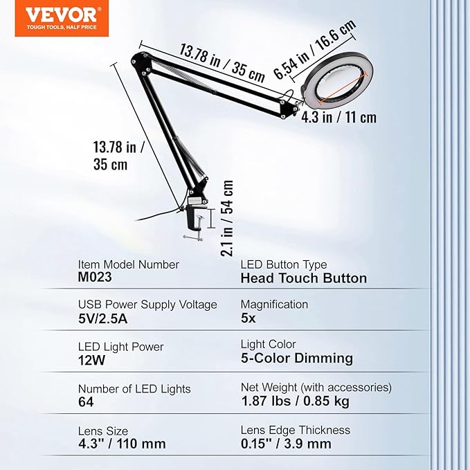 VEVOR Magnifying Glass with Light, 5X Magnifying Lamp, 4.3" Glass Lens, Desk Magnifier with Light, 64 LED Lights 5 Color Modes, with Clamp for Close Work, Reading, Repair Crafts