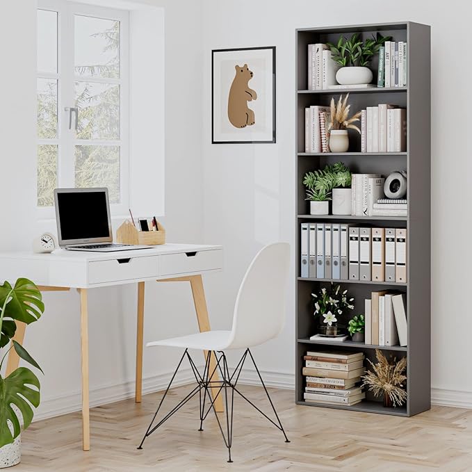 FOTOSOK 6-Tier Open Bookcase and Bookshelf, Freestanding Display Storage Shelves Tall Bookcase for Bedroom, Living Room and Office, Dark Gray