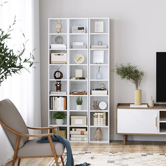 FOTOSOK 8-Tier Media Tower Rack, 11.6 X 9.3 X 70.9 Inches CD DVD Slim Storage Cabinet with Adjustable Shelves, Tall Narrow Bookcase Display Bookshelf for Home Office, white
