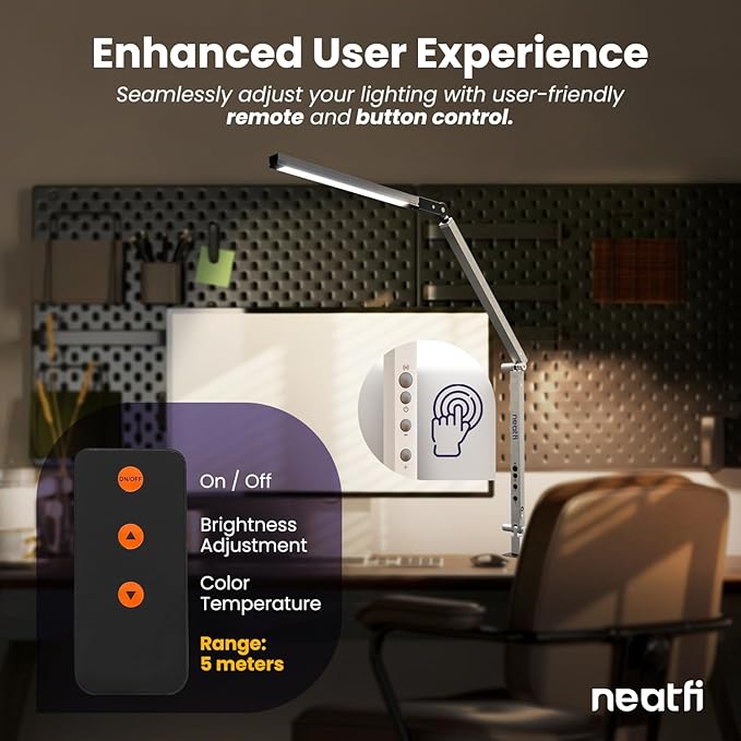 Neatfi LED Desk Lamp with Clamp, Touch & Remote Controlled, Stepless Dimming, 3 Color Modes, 3000-6000K, Detachable Shade, Flicker-Free, 360° Rotation, Wide Angle Lighting (Modern, Silver)